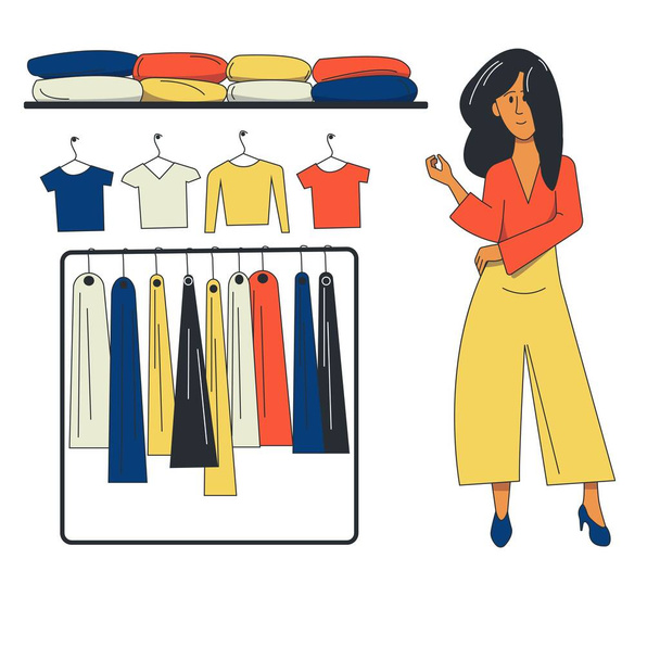 A young fashionable girl stands in a store next to the shelves of clothes. Seller consultant waiting for buyers. - Vector, Image