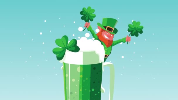 Happy Saint Patricks Day Animation mit Kobold und Klee im Bier - Filmmaterial, Video