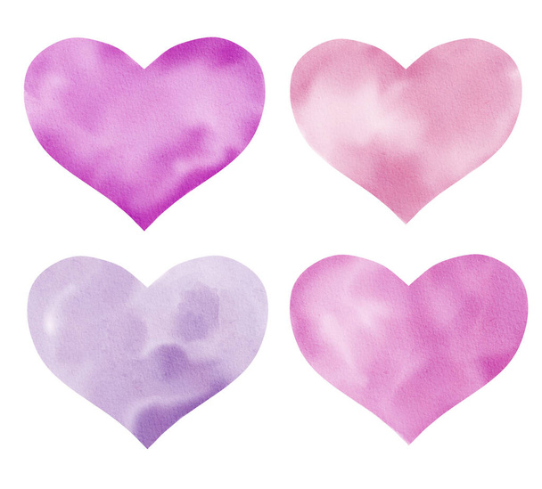 Colección de corazones púrpura pintados a mano aislados en blanco. Clipart acuarela. - Foto, Imagen