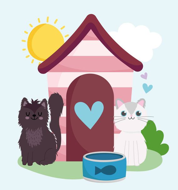 gatos bonitos com casa e peixes enlatados na grama - Vetor, Imagem