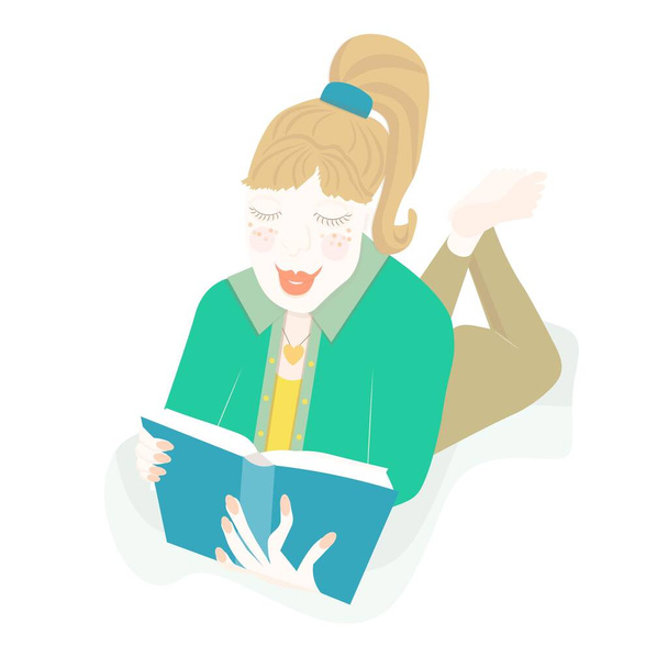 Chica leyendo un libro acostado sobre su estómago verde amarillo marrón clouse art design element objeto aislado stock vector ilustración para web, para imprimir - Vector, Imagen