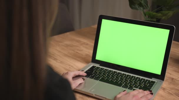 Concepto de computadora portátil de pantalla verde: educación a distancia en línea, video llamada cromakey conferencia. Sobre el hombro ver estudiante mujer en el estudio en casa. - Imágenes, Vídeo