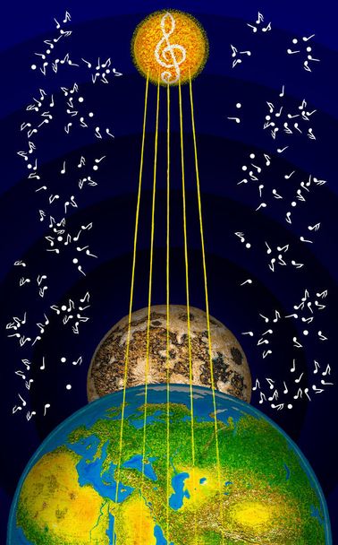 Guitar.The Sun - the head of the guitar's fretboard.Planet Earth and Moon - guitar body.Sun rays - neck + guitar strings.All together - an instrument of God.Theory - String structure of the universe. - Photo, Image