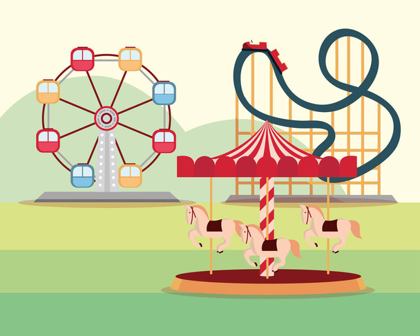 parc d'attractions carnaval ferris roues montagnes russes et carrousel - Vecteur, image