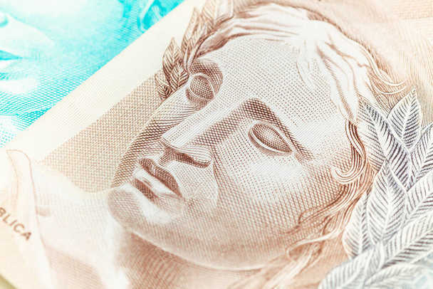 Real, money from Brazil. Dinheiro, Reais, Real Brasileiro, Brasil. Brazilian banknotes in close-up. - Φωτογραφία, εικόνα