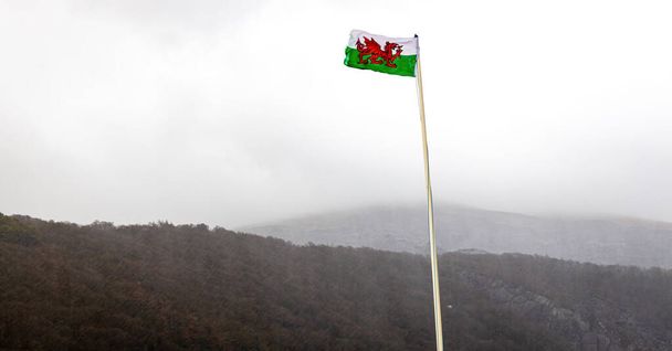 Walesi zászló a Snowdonia tónál viharos időben, Wales, Egyesült Királyság - Fotó, kép