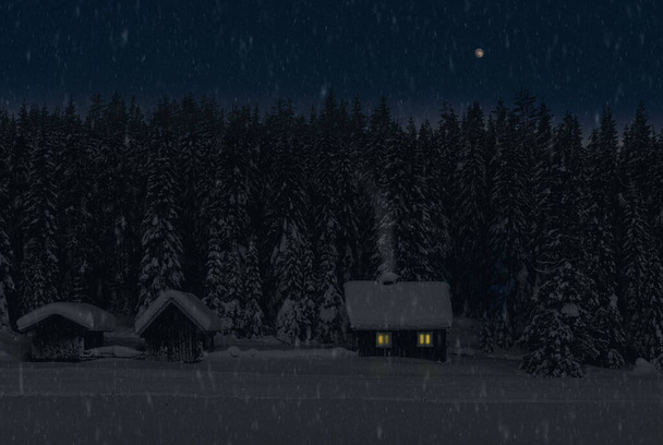 Cozy cottage in a snowing winter wonderland with bright moonlight and dark forest in the background. High quality photo - Photo, Image