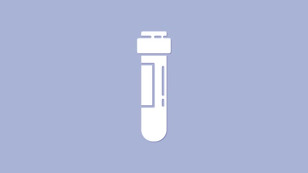 Branco Tubo de teste ou frasco com ícone de sangue isolado em fundo roxo. Sinal de laboratório, química, vidraria científica. Animação gráfica em movimento de vídeo 4K - Filmagem, Vídeo