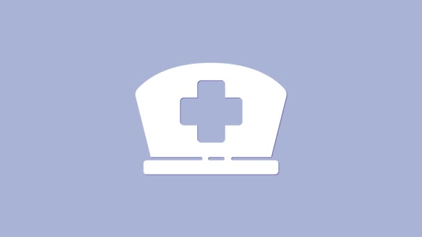 Weiße Schwesternmütze mit Kreuzsymbol auf violettem Hintergrund. Mützenschild für medizinische Krankenschwestern. 4K Video Motion Grafik Animation - Filmmaterial, Video