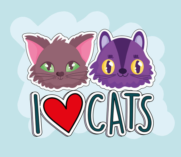 Rakastan kissoja, hauskoja eläimiä kasvot sarjakuva - Vektori, kuva