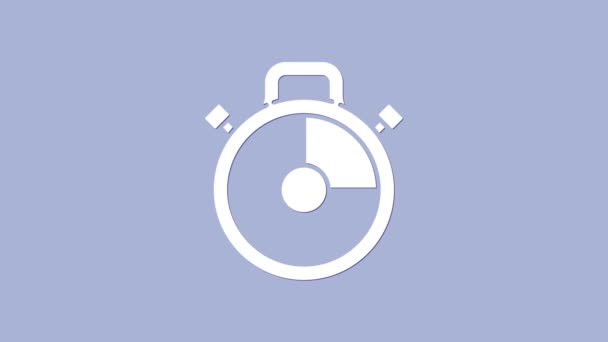 Biała ikona Stopwatch odizolowana na fioletowym tle. Znak czasowy. Znak chronometryczny. 4K Animacja graficzna ruchu wideo - Materiał filmowy, wideo