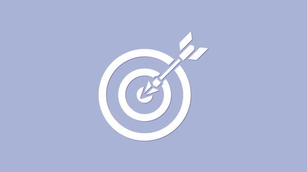 Weiße Target mit Pfeil-Symbol isoliert auf violettem Hintergrund. Hinweisschild. Bogenschießen Ikone. Dartscheibe. Geschäftszielkonzept. 4K Video Motion Grafik Animation - Filmmaterial, Video