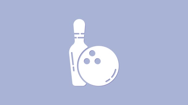 Fehér Bowling pin és labda ikon elszigetelt lila háttér. Sportfelszerelés. 4K Videó mozgás grafikus animáció - Felvétel, videó