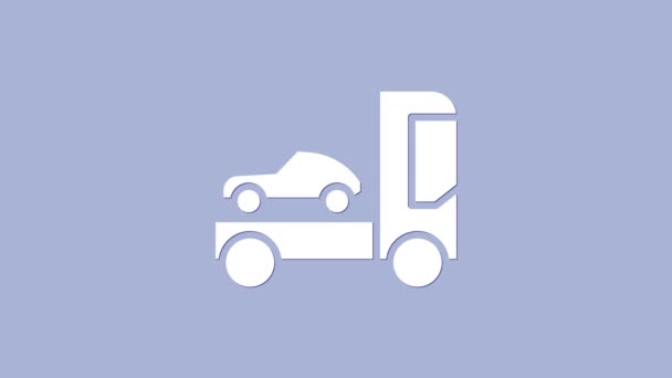 Camión transportador de coche blanco para el transporte del icono del coche aislado sobre fondo púrpura. Animación gráfica de vídeo 4K - Imágenes, Vídeo