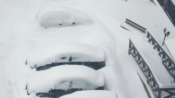 Nieve deriva en el aparcamiento. Los coches están cubiertos de nieve. La nieve se arrastra. Fuertes nevadas. - Metraje, vídeo