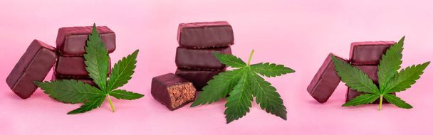 chocolade snoepjes met cannabis. levensmiddelen met marihuana cbd en thc - Foto, afbeelding
