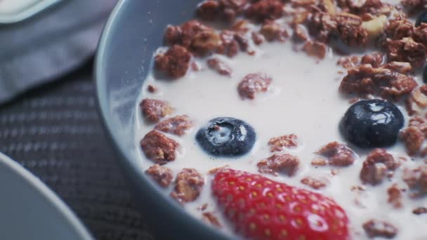 Falling fragola nel latte biologico naturale o yogurt in ciotola di ceramica con muesli sani e mix di frutta fresca biologica e bacche.  - Filmati, video