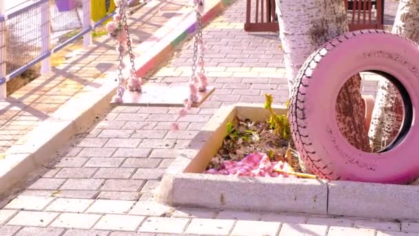 Golyazi (Apolyont), Uluabat, Bursa, Törökország. 2021. január 22. Rózsaszín szín és vintage stílusú swing gyerekeknek a tó közelében együtt rózsaszín autó kerék és gumi gumiabroncs vezet a régi fa test.  - Felvétel, videó