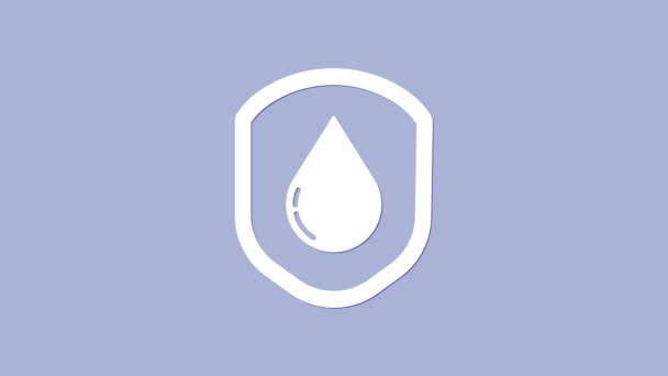 Icône étanche blanche isolée sur fond violet. Concept de protection résistant à l'eau ou liquide. Animation graphique de mouvement vidéo 4K - Séquence, vidéo