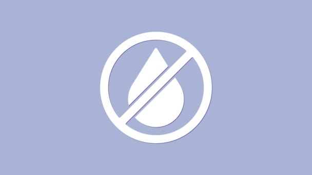 Witte druppel verboden pictogram geïsoleerd op paarse achtergrond. Geen waterteken. 4K Video motion grafische animatie - Video