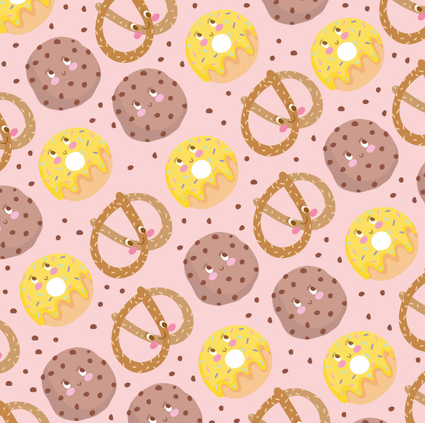 biscoito padrão de comida e donuts engraçados desenhos animados felizes - Vetor, Imagem
