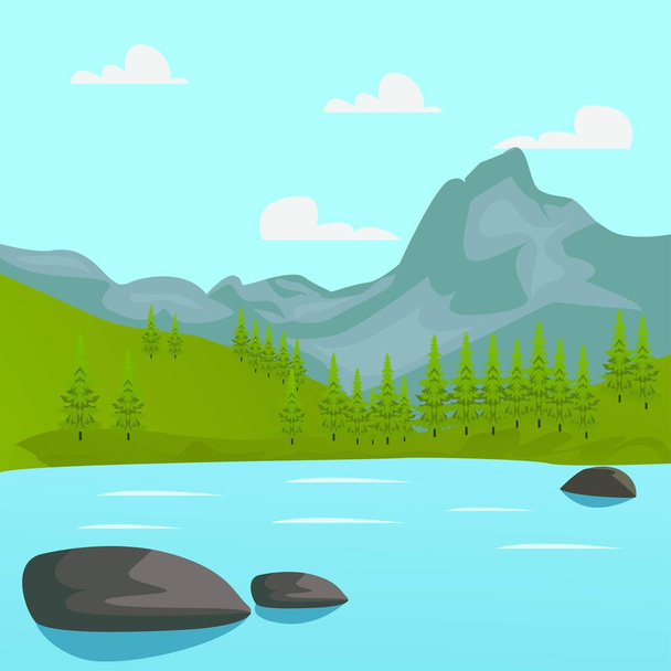 Krajobraz górski otoczony przez wektor rzeki ilustracji. - Wektor, obraz