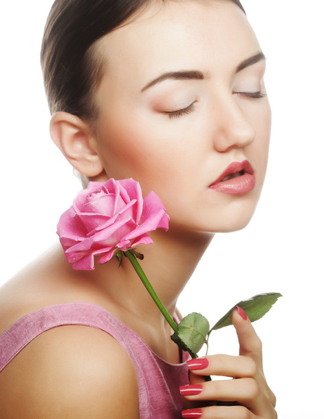 Woman with pink rose - Foto, Imagen