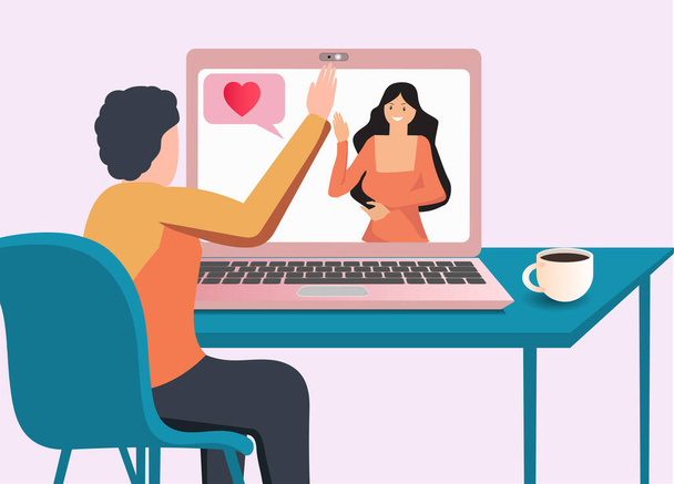 Men and women video call meeting at home. by phone and laptop. Via social media networks. for Expressing love in social networks. on Valentine's day couples. Connecting hearts through the Internet. - Vector, Image
