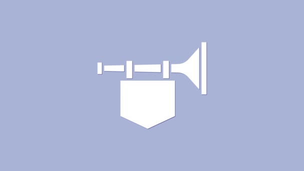 Trompete branco com ícone de bandeira isolado no fundo roxo. Trombeta de instrumento musical. Animação gráfica em movimento de vídeo 4K - Filmagem, Vídeo