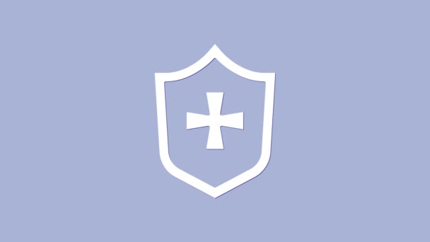 White Shield pictogram geïsoleerd op paarse achtergrond. Bewakingsteken. Beveiliging, veiligheid, bescherming, privacy concept. 4K Video motion grafische animatie - Video