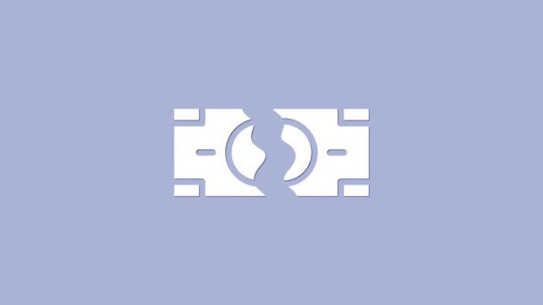 Fehér Tearing szét pénzt bankjegy két béke ikon elszigetelt lila háttér. 4K Videó mozgás grafikus animáció - Felvétel, videó