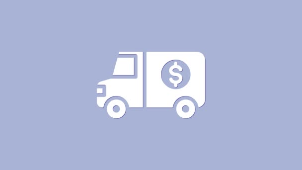White Armored truck icoon geïsoleerd op paarse achtergrond. 4K Video motion grafische animatie - Video