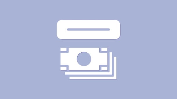 White ATM -紫色の背景に隔離された自動現金自動預け払い機とお金のアイコン。4Kビデオモーショングラフィックアニメーション - 映像、動画