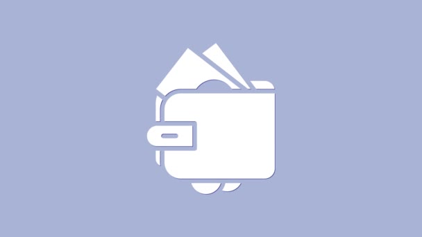 Bílá peněženka s zásobníky papírové peníze hotovost ikona izolované na fialovém pozadí. Ikona kabelky. Symbol peněžních úspor. Grafická animace pohybu videa 4K - Záběry, video
