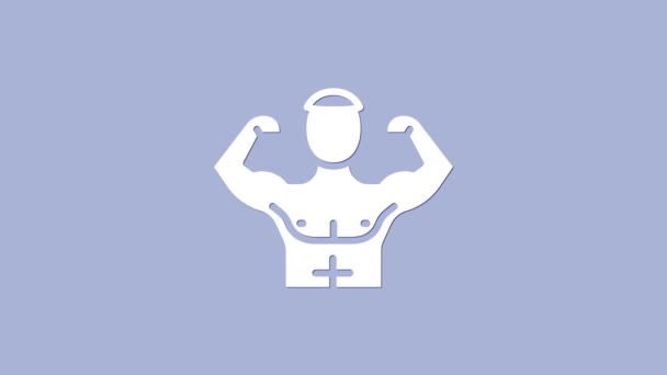 Fehér testépítő mutatja izmait ikon elszigetelt lila háttér. Fitnesz erő egészség hobbi koncepció. 4K Videó mozgás grafikus animáció - Felvétel, videó