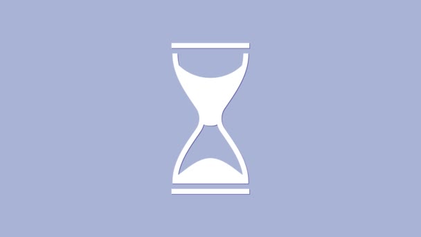 Reloj de arena blanco viejo con el icono de arena que fluye aislado sobre fondo púrpura. Señal de reloj de arena. Concepto de negocio y gestión del tiempo. Animación gráfica de vídeo 4K - Metraje, vídeo