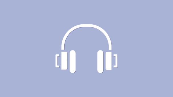 Иконка белых наушников выделена на фиолетовом фоне. Наушники. Концепция прослушивания музыки, сервиса, связи и оператора. Видеографическая анимация 4K - Кадры, видео