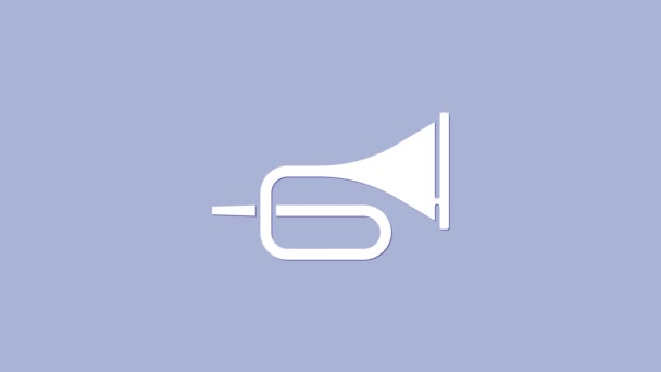 Fehér hangszeres trombita ikon elszigetelt lila háttér. 4K Videó mozgás grafikus animáció - Felvétel, videó