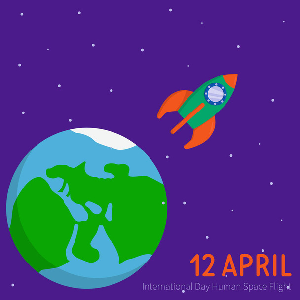 12 Απριλίου. Εικονογράφηση για την Ημέρα της Cosmonautics με έναν πύραυλο. Διεθνής Ημέρα Ανθρώπινης Διαστημικής Πτήσης. - Διάνυσμα, εικόνα
