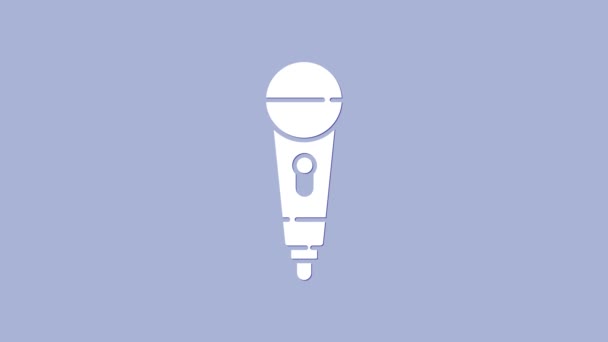 Icona microfono bianco isolato su sfondo viola. Sul microfono radio in onda. Segnale di altoparlante. Animazione grafica 4K Video motion - Filmati, video