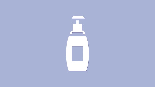 Botella blanca de jabón líquido antibacteriano con icono del dispensador aislado sobre fondo púrpura. Antiséptico. Desinfección, higiene, cuidado de la piel. Animación gráfica de vídeo 4K - Imágenes, Vídeo