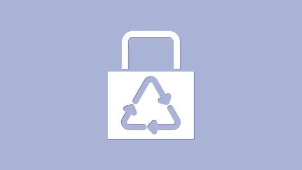 Sac à provisions en papier blanc avec icône de recyclage isolé sur fond violet. Sac avec symbole de recyclage. Animation graphique de mouvement vidéo 4K - Séquence, vidéo