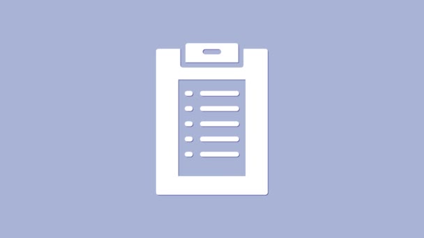Appunti medici bianchi con icona della cartella clinica isolata su sfondo viola. Modulo di assicurazione sanitaria. Prescrizione, rapporto sui segni medici. Animazione grafica 4K Video motion - Filmati, video