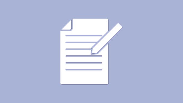 Icône Document blanc et stylo isolé sur fond violet. Icône de fichier. Icône Liste de vérification. Concept d'entreprise. Animation graphique de mouvement vidéo 4K - Séquence, vidéo