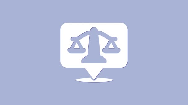 Weiße Waage der Gerechtigkeit Symbol isoliert auf violettem Hintergrund. Symbolbild Gericht. Gleichgewichtszeichen. 4K Video Motion Grafik Animation - Filmmaterial, Video