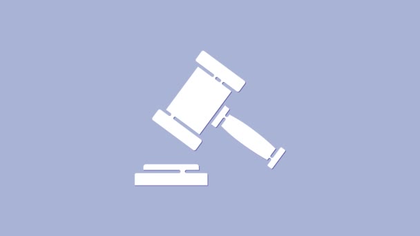 Icona del martelletto del giudice bianco isolata su sfondo viola. Gavel per l'aggiudicazione di sentenze e fatture, corte, giustizia. Martello d'asta. Animazione grafica 4K Video motion - Filmati, video