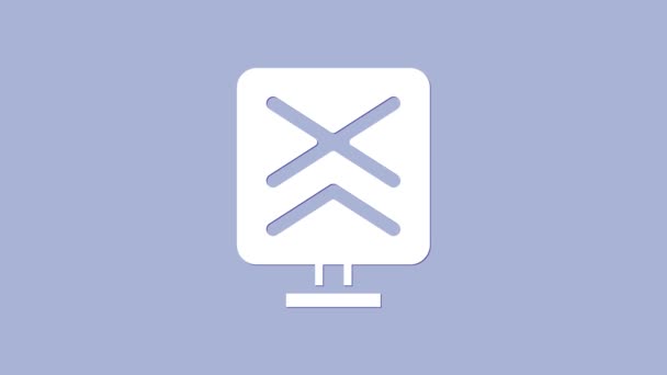 White Railroad kruising pictogram geïsoleerd op paarse achtergrond. Spoorwegbord. 4K Video motion grafische animatie - Video