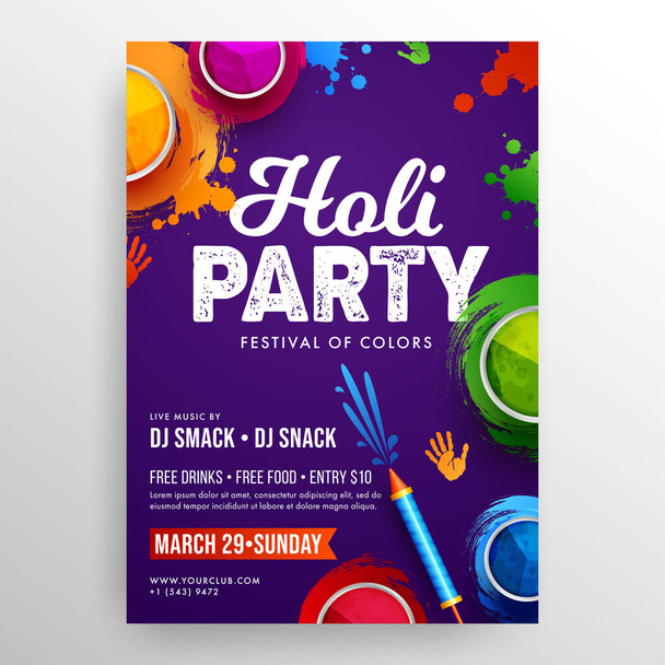 Holi Party Flyer. Colorful holi powder, color splash and water gun on dark purple background for poster, flyer, brochure and social media. - Vector, Image