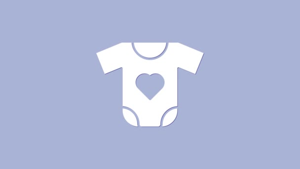 Icona bianca dei vestiti del bambino isolata su sfondo viola. Abbigliamento bambino per bambina e ragazzo. Body da bambino. Animazione grafica 4K Video motion - Filmati, video