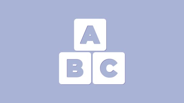 Bílá ABC bloky ikona izolované na fialovém pozadí. Kostky abecedy s písmeny A, B, C. Grafická animace pohybu videa 4K - Záběry, video